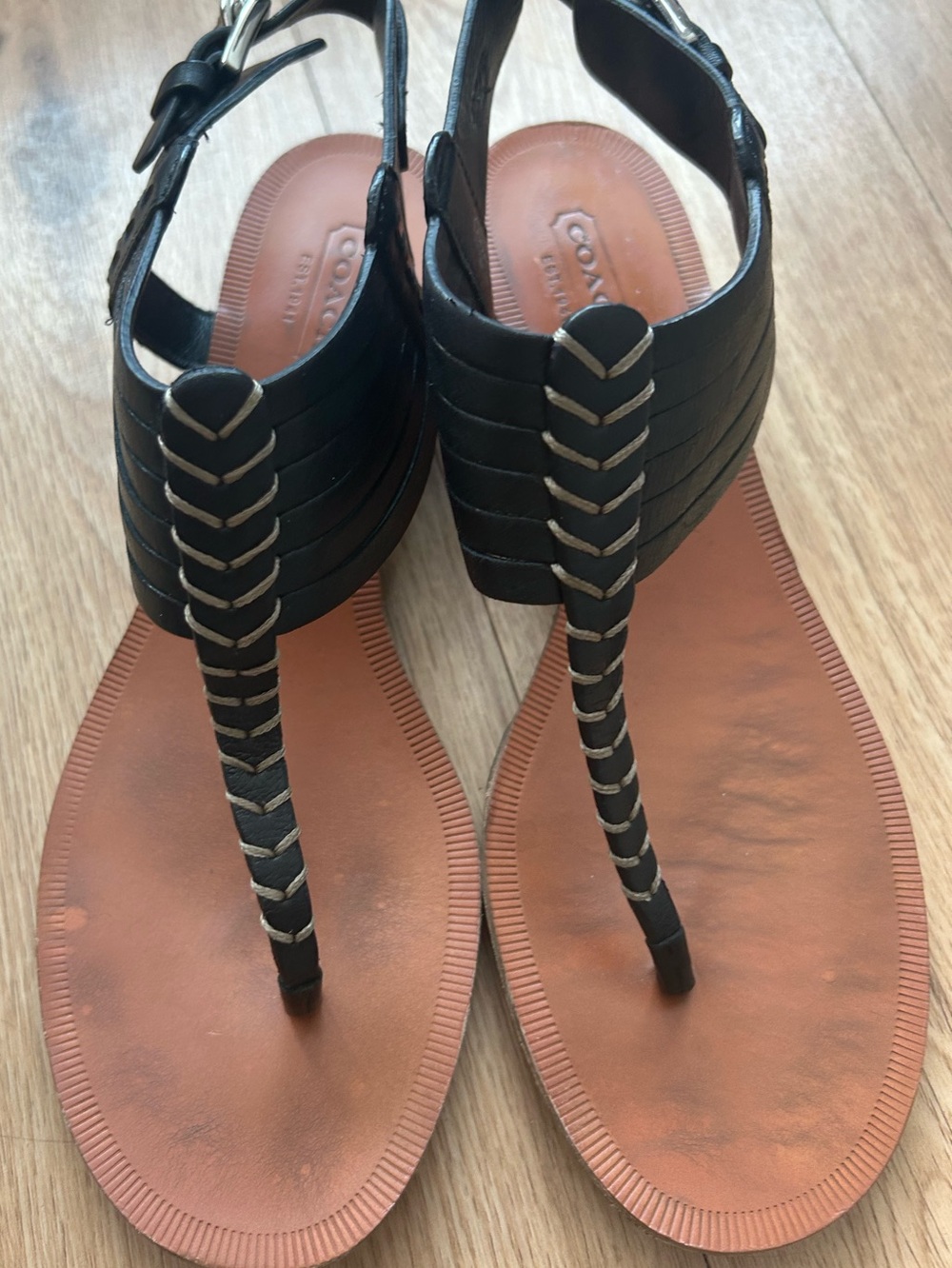 COACH India Black Leather Braided Gladiator T-Strap Wedge Sandals 6.5 B